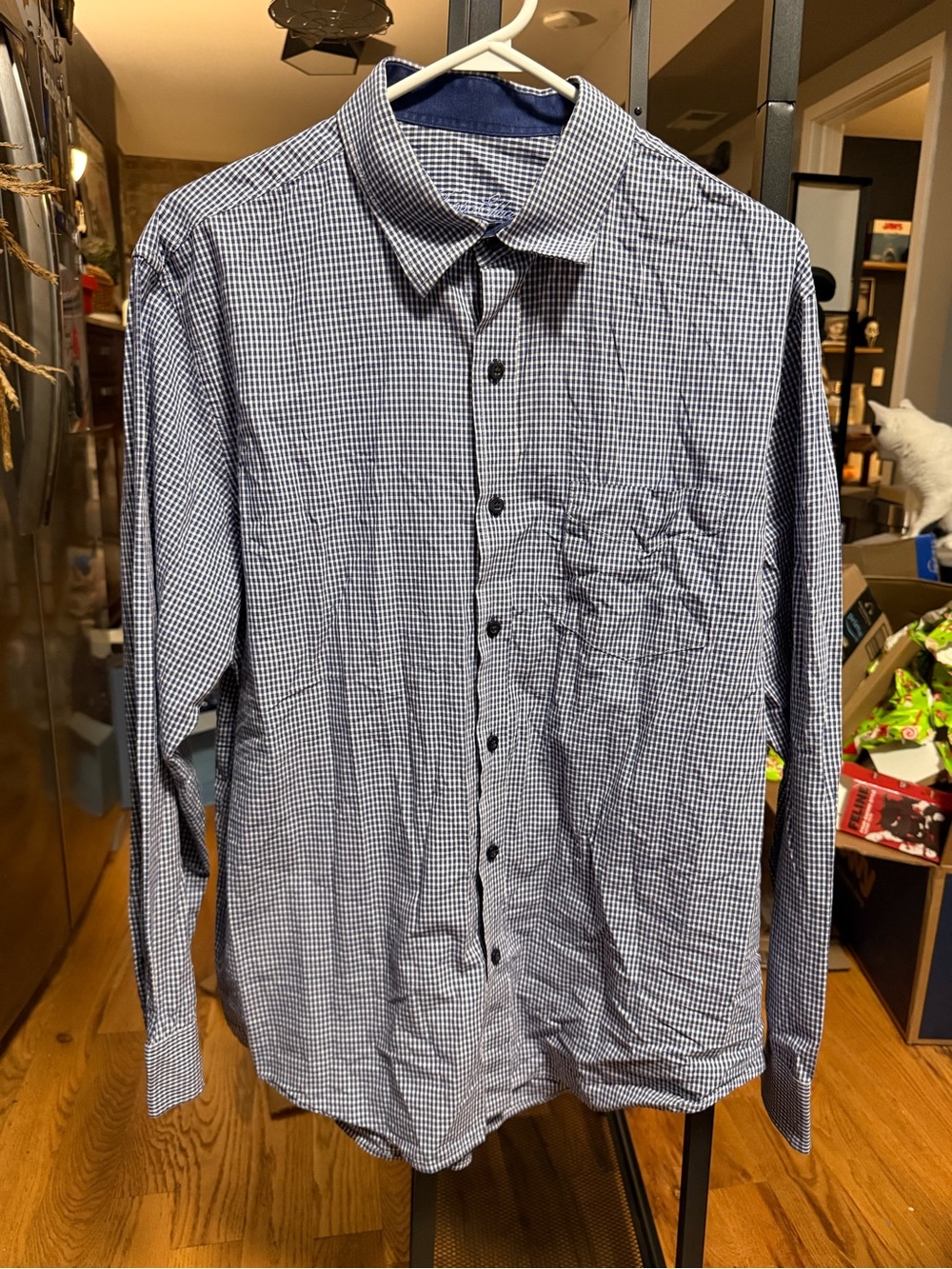Tasso Elba Gingham Cotton Button-Down Shirt Size 16-161⁄2 long sleeve blue white